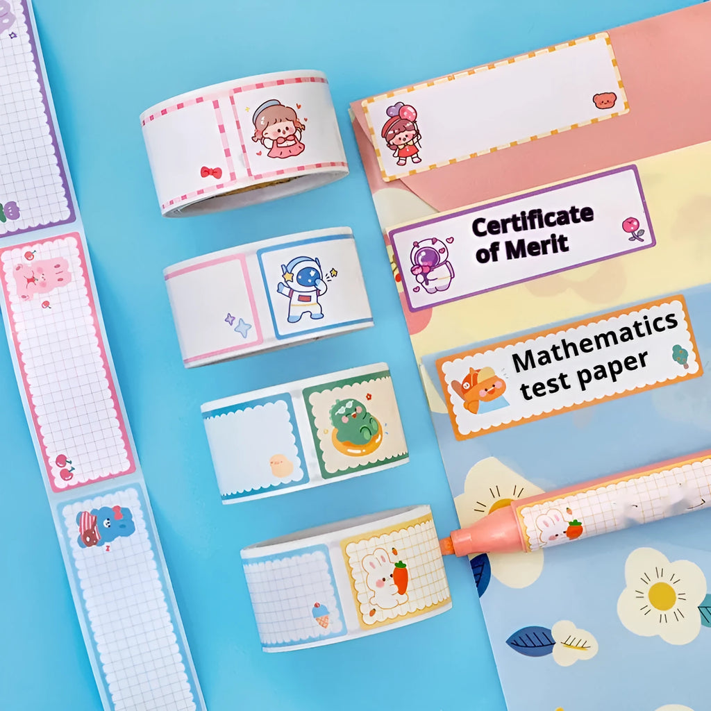 Roll of cartoon name tape stickers showing Dinosaur, Astronaut, Rabbit, and Girl design options.