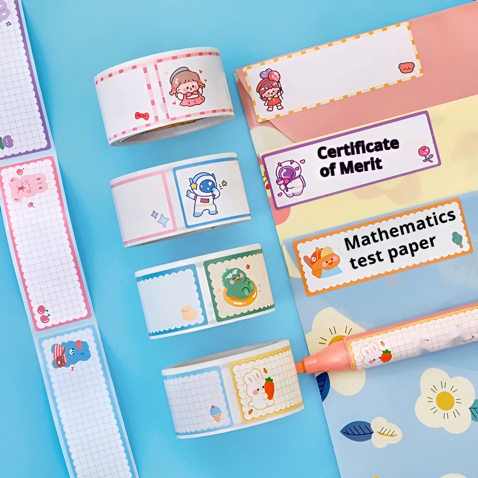 Roll of cartoon name tape stickers showing Dinosaur, Astronaut, Rabbit, and Girl design options.