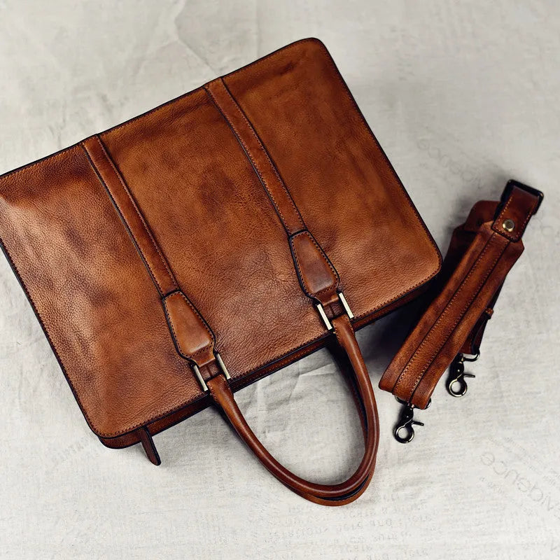 Men's 14 inch horizontal leather business handbag in khaki colour with zipper opening