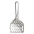 Grey plastic cat litter scoop resting on its matching plastic base stand.