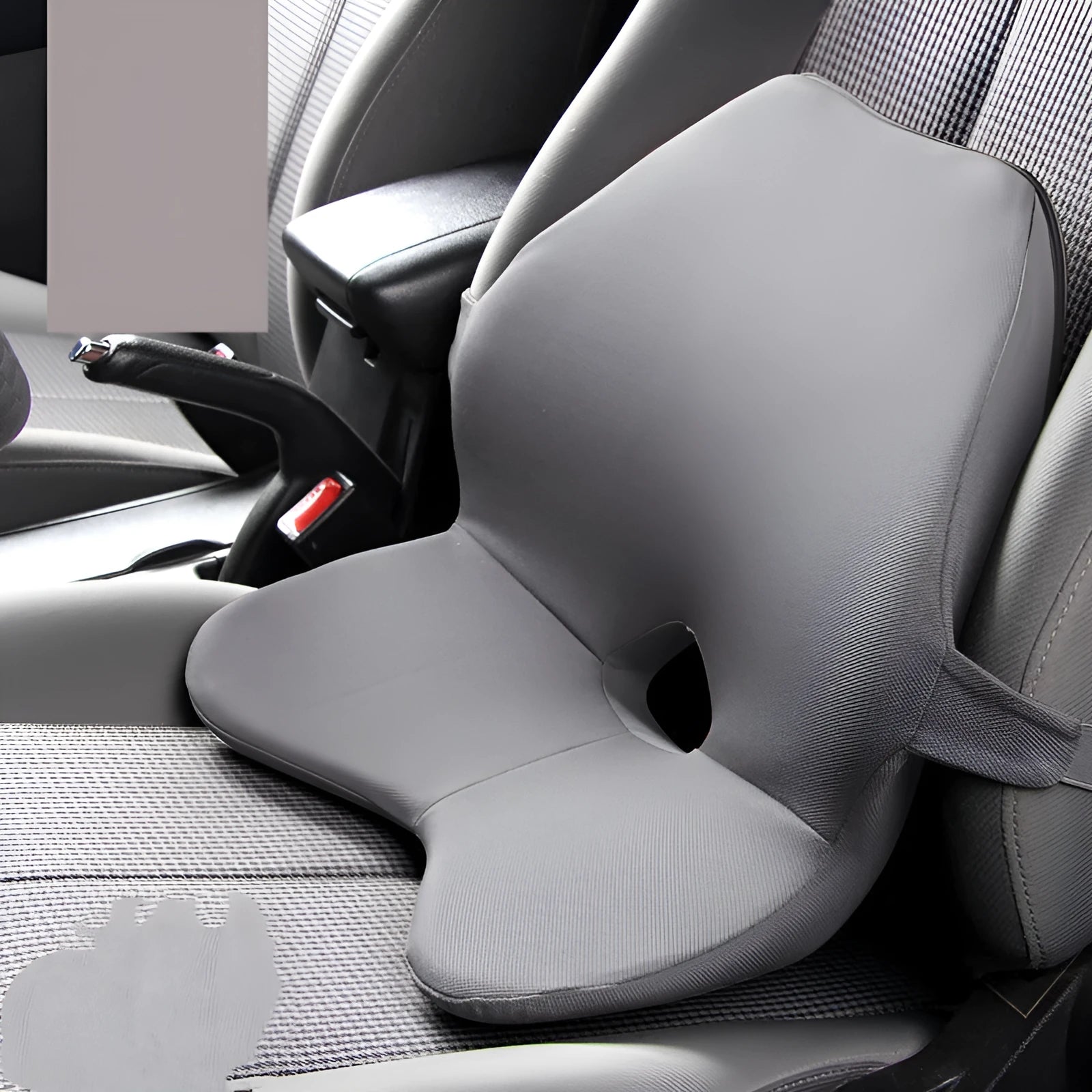 Memory foam car seat cushion and optional headrest in beige colour on a car seat