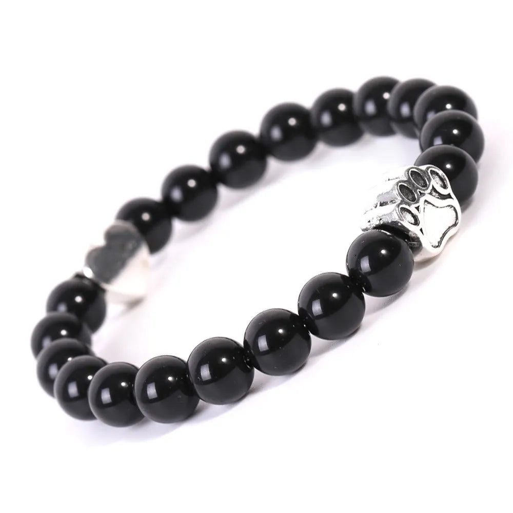 Tigereye and Indian agate stone bead bracelet with a central dog's paw or love heart charm.