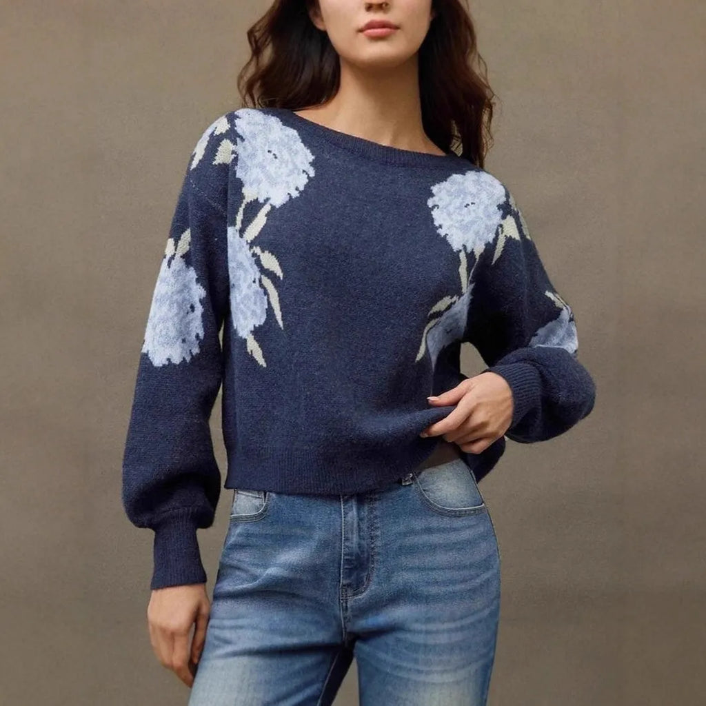 Women's sapphire blue loose pullover with floral jacquard pattern and off-neck design