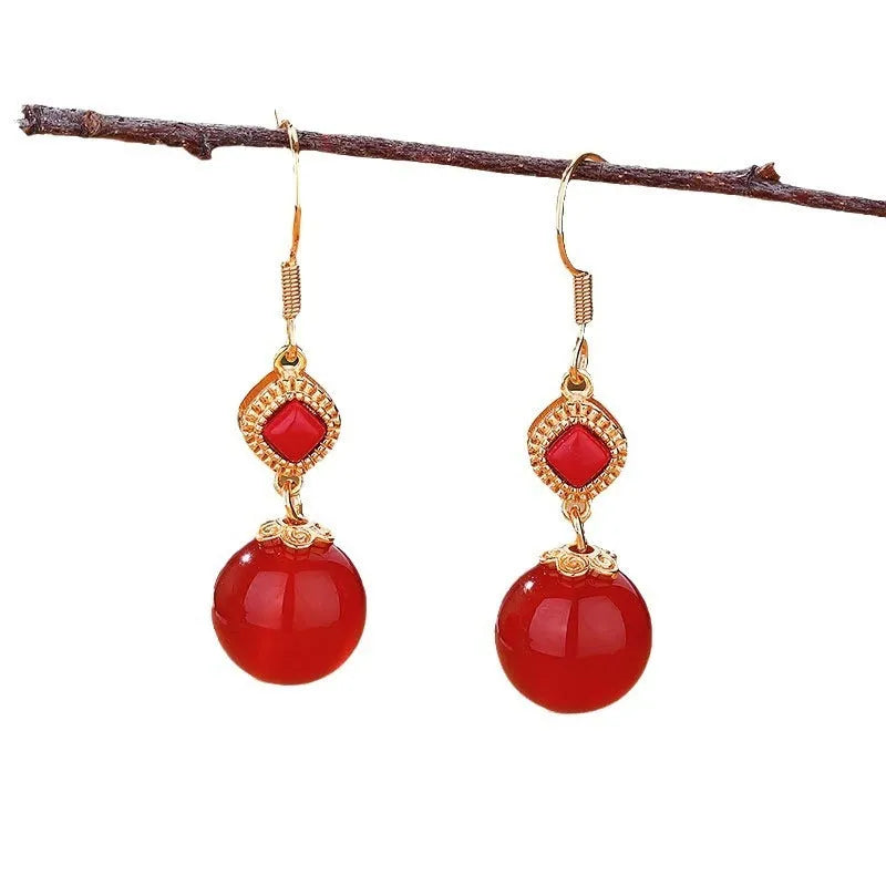 Southern Red Agate round bead earrings with S925 silver geometric inlay on copper alloy frame