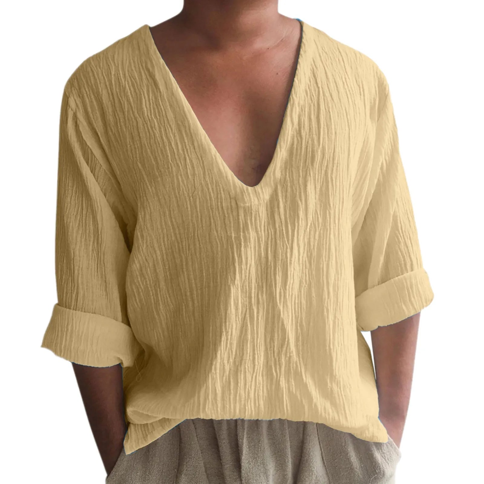 Men's long sleeve V-neck t-shirt in washed cotton fabric, shown in solid colour options.