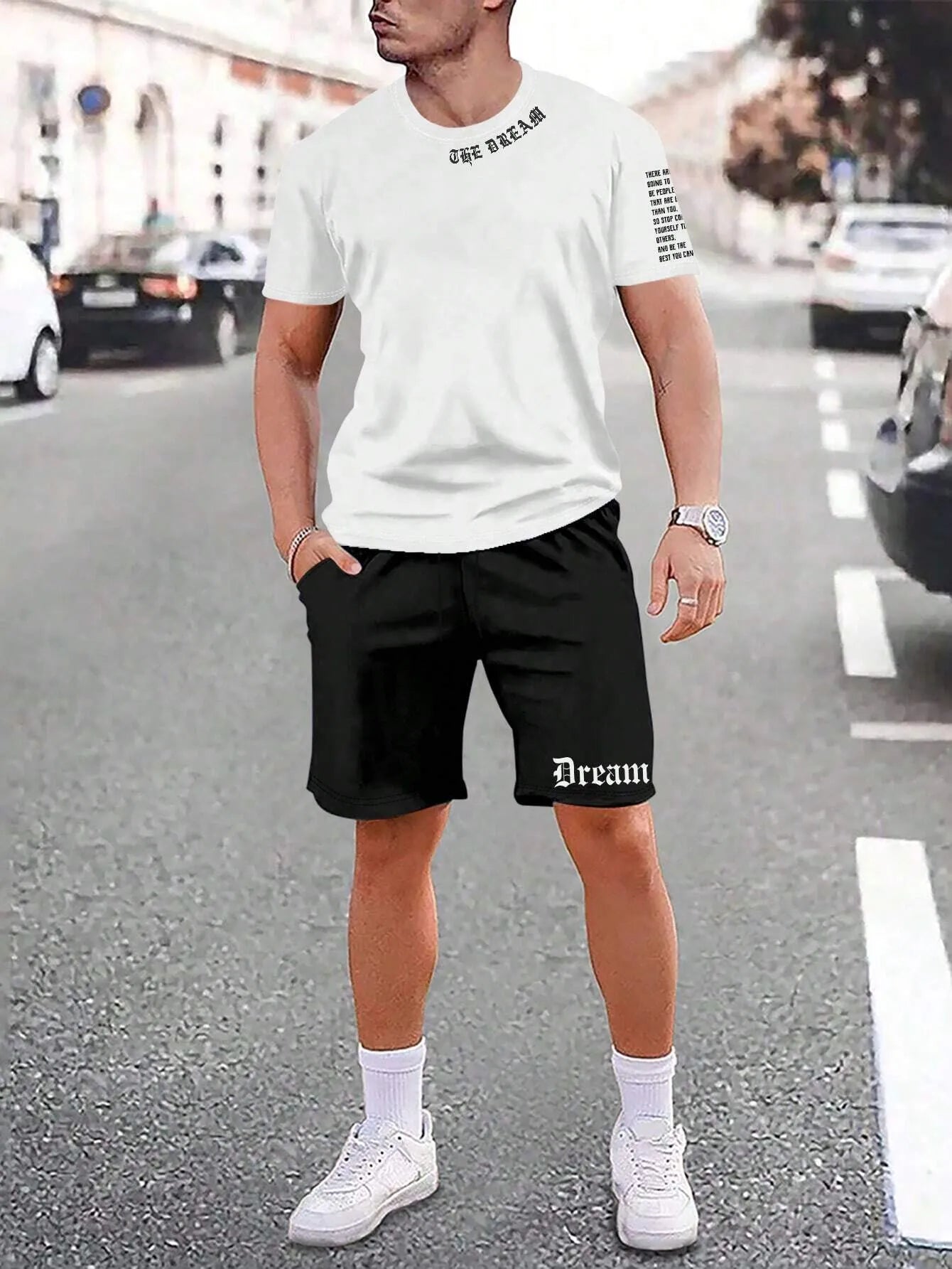 Men's sports style short-sleeved shirt and shorts set in polyester blend fabric