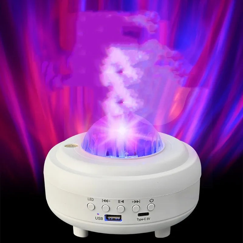 White Bluetooth star projector night light displaying starry sky projection patterns on ceiling
