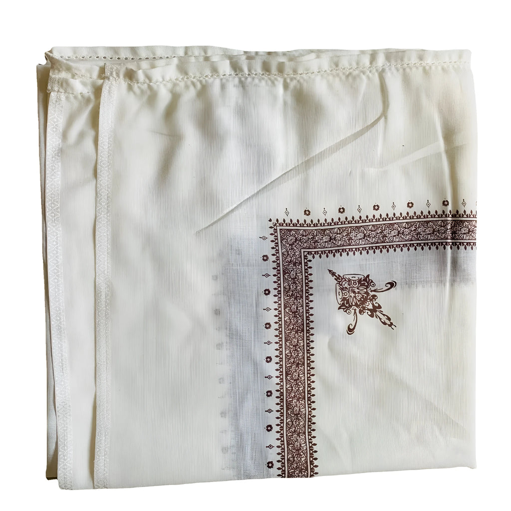 Printed square polyester scarf showing coffee colour option laid flat to display 138cm dimensions