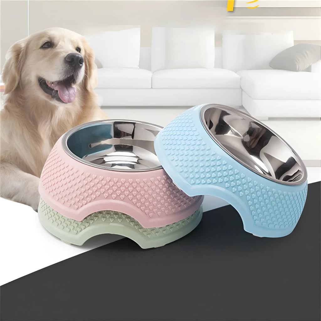 Set of 4 stainless steel pet bowls with weighted non-slip base in blue, green and pink colours