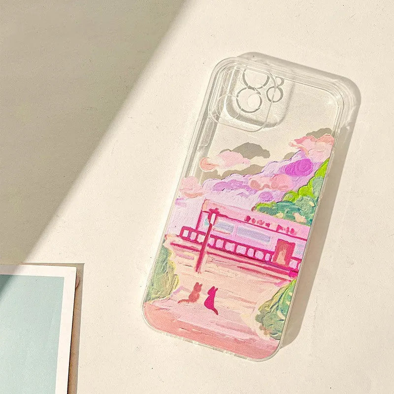 iPhone mobile phone case with soft silicone construction and colourful two cat cartoon design on back