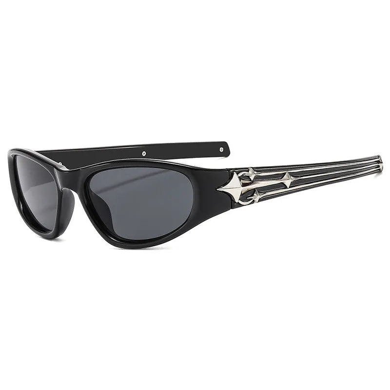 A pair of outdoor sports sunglasses with a PC frame and lens, shown in a black frame with grey lens colour variant.