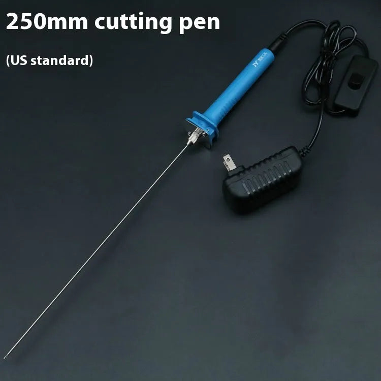 Blue electric heating cutter pen for cutting foam and polystyrene boards on a work surface