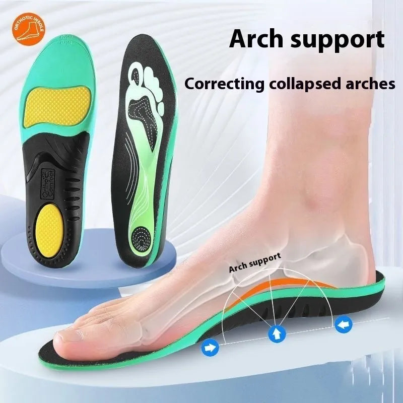 Blue and green flat foot correction insoles showing instep arch support pads with UK size markings 35-46