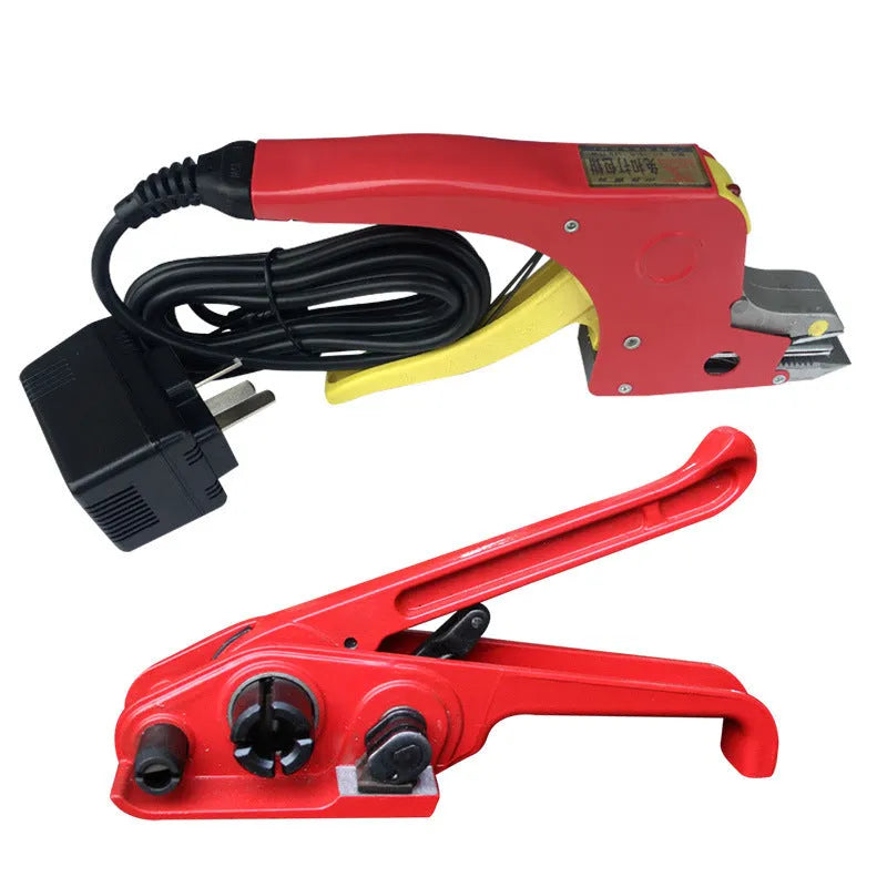 Electric hot melt packing machine with plastic steel tensioner and yellow packaging tape for warehouse packing