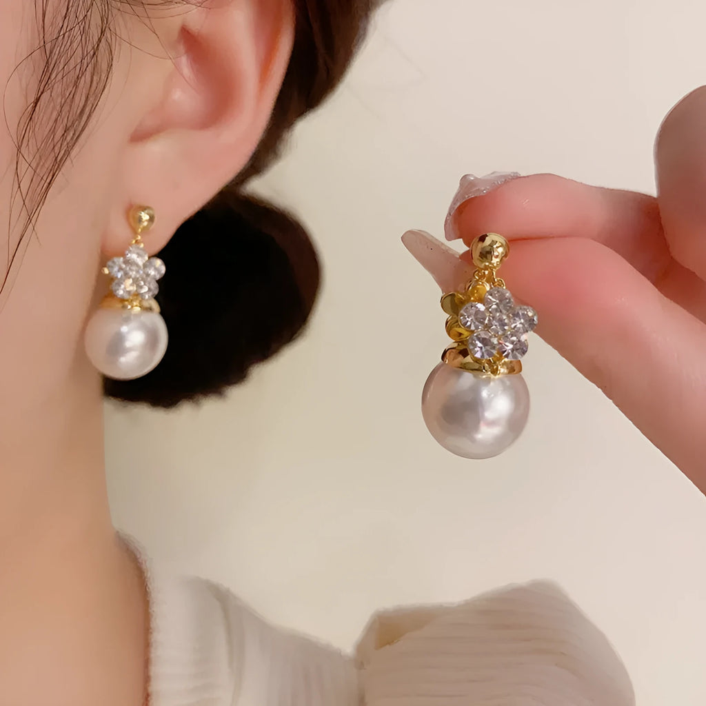 Double-sided flower pearl earrings real gold plated copper Korean style women
