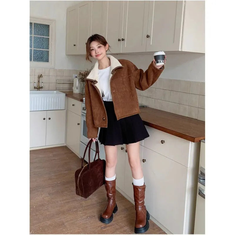 Women's double-sided reversible lamb fur coat in brown, thick acrylic fabric, loose fit with flight sleeves