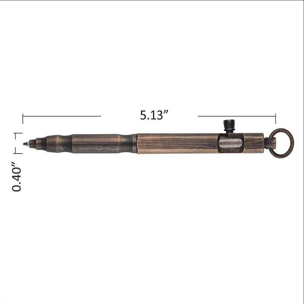 Solid brass hexagonal bolt tactical pen in brass and black finishes, showing machining detail.