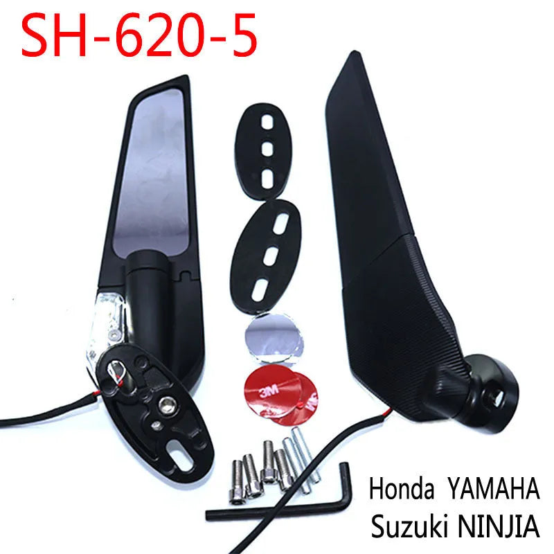 Pair of spoiler-shaped motorcycle rearview mirrors with yellow LED lights and convex lenses.