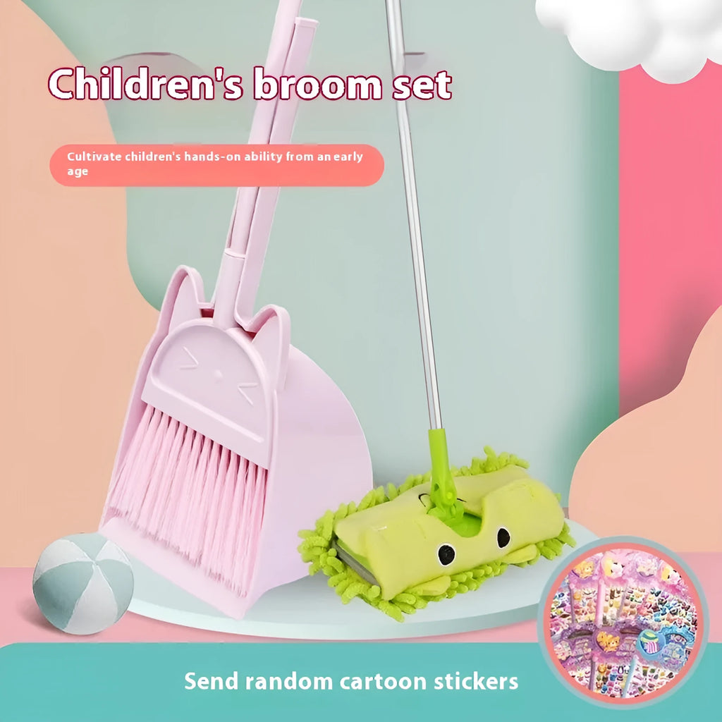 Purple plastic broom and dustpan set with long handle and rotating brush holder