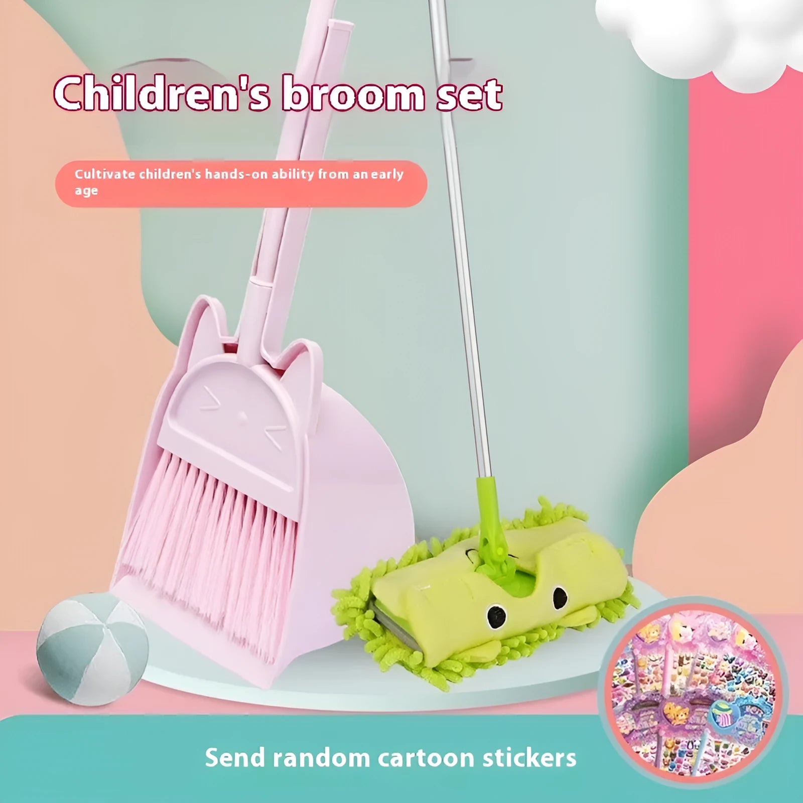 Purple plastic broom and dustpan set with long handle and rotating brush holder