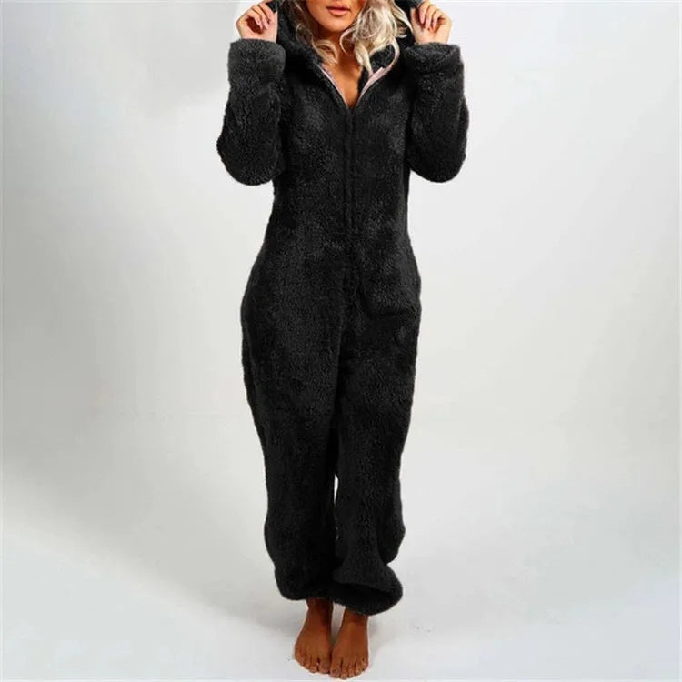 Fleece-lined thickened furry hooded jumpsuit pajamas with zipper in a colour option