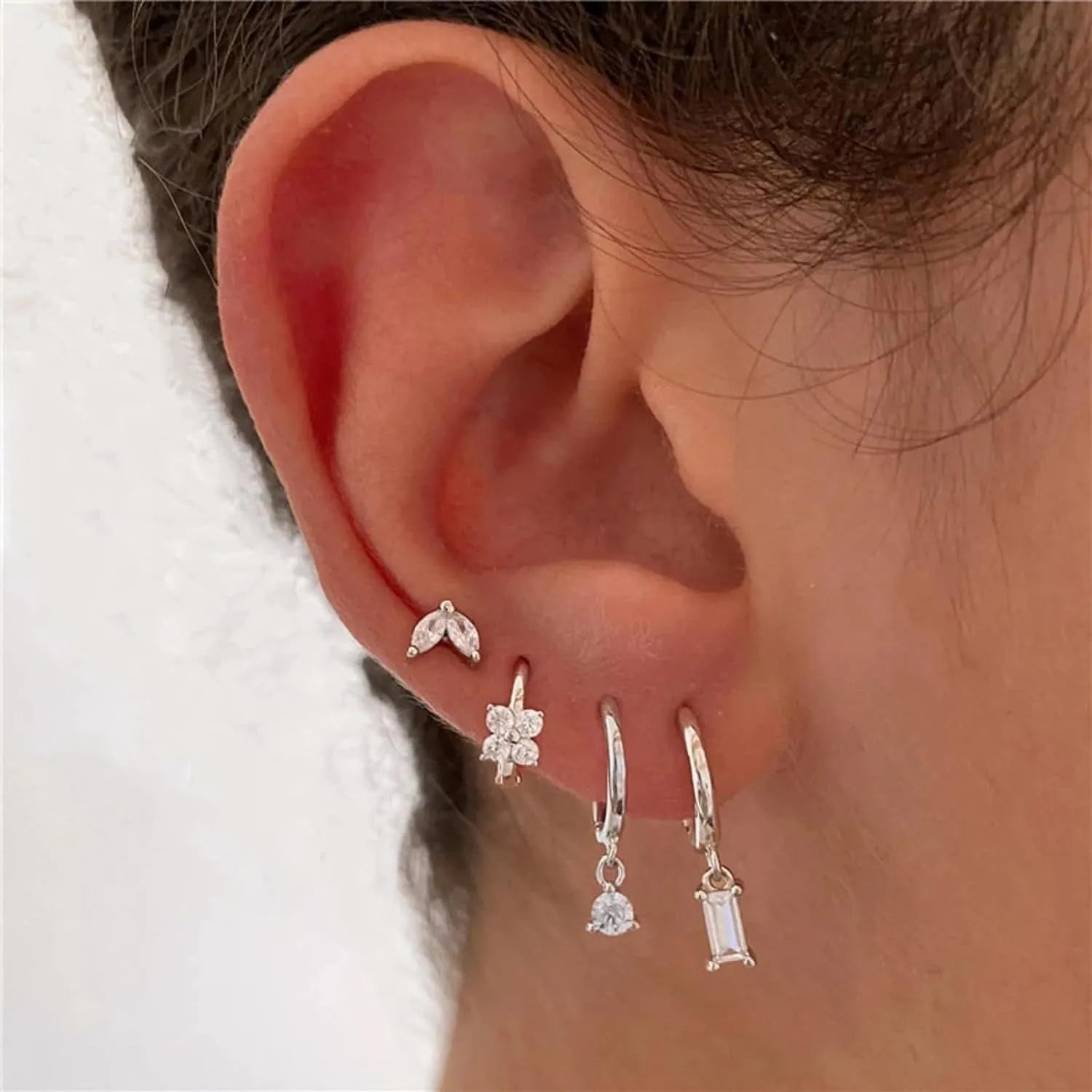 Copper geometric square earrings with zircon accents in gold or silver electroplated finishes