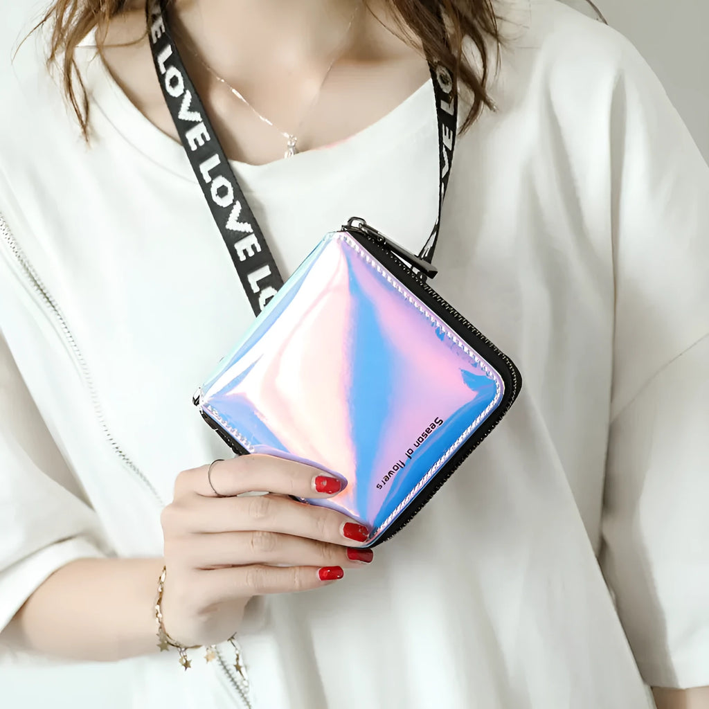 Women's Korean style short folding wallet in glitter blue or green colours showing compact 11cm dimensions