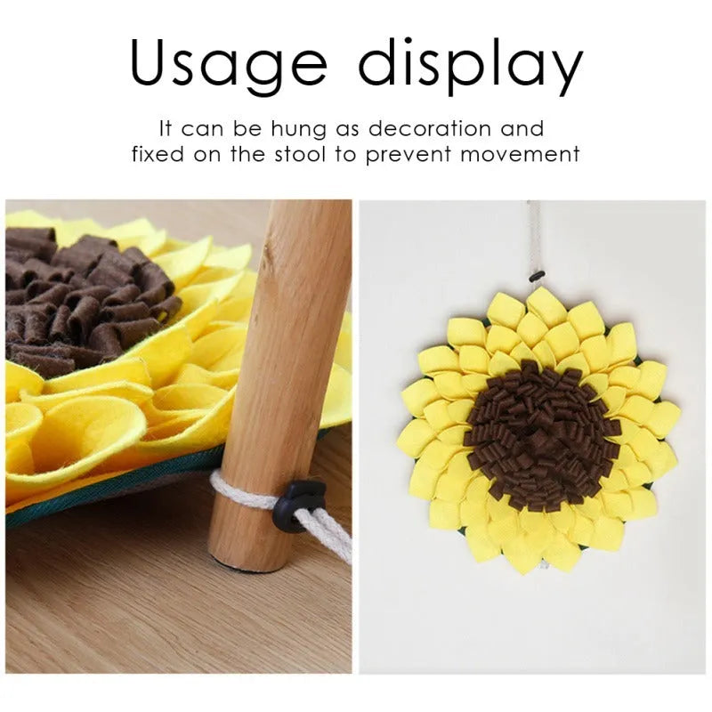 Yellow sunflower-shaped dog snuffle mat with rope and buckle for slow feeding and nosework training