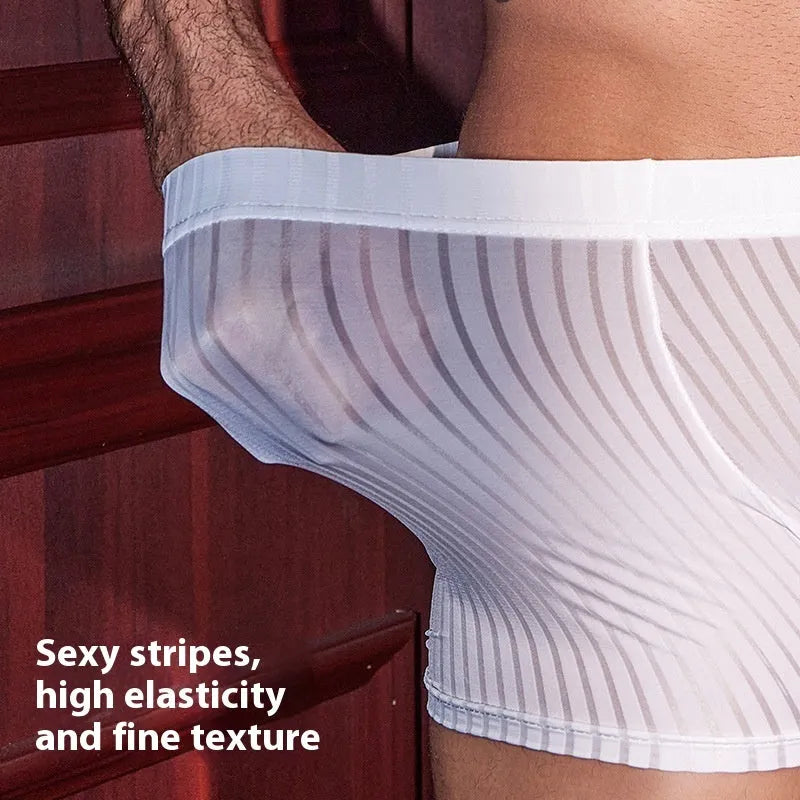 Men's striped nylon boxer briefs underwear in black colour showing vertical pattern and elastic waistband