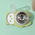 Grey panda-shaped pet feeder with tilted stainless steel bowls and a green automatic water bottle.