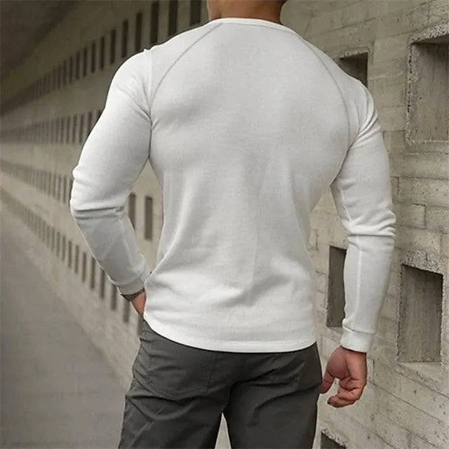 Men's white Henry collar long-sleeved cotton blend t-shirt showing front view with size label
