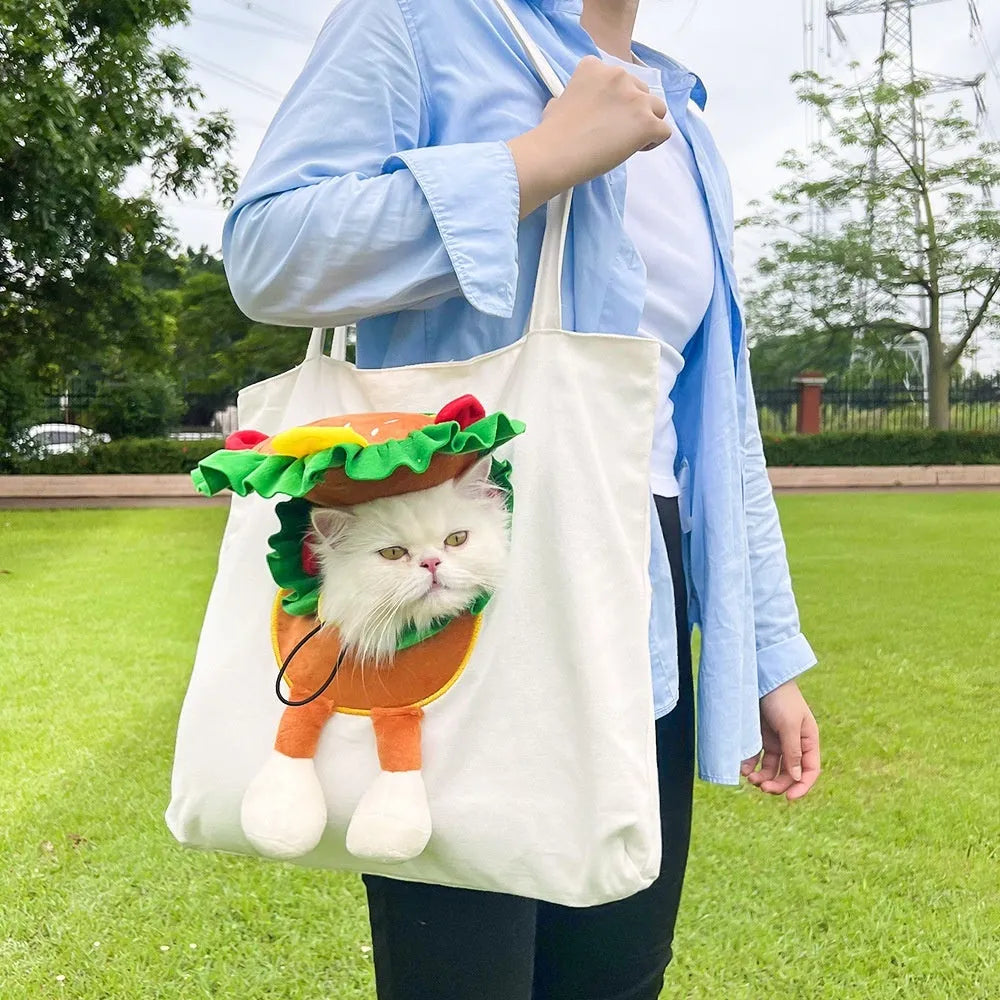 Canvas pet carrier backpack with cartoon design for shoulder carrying of cats and small dogs
