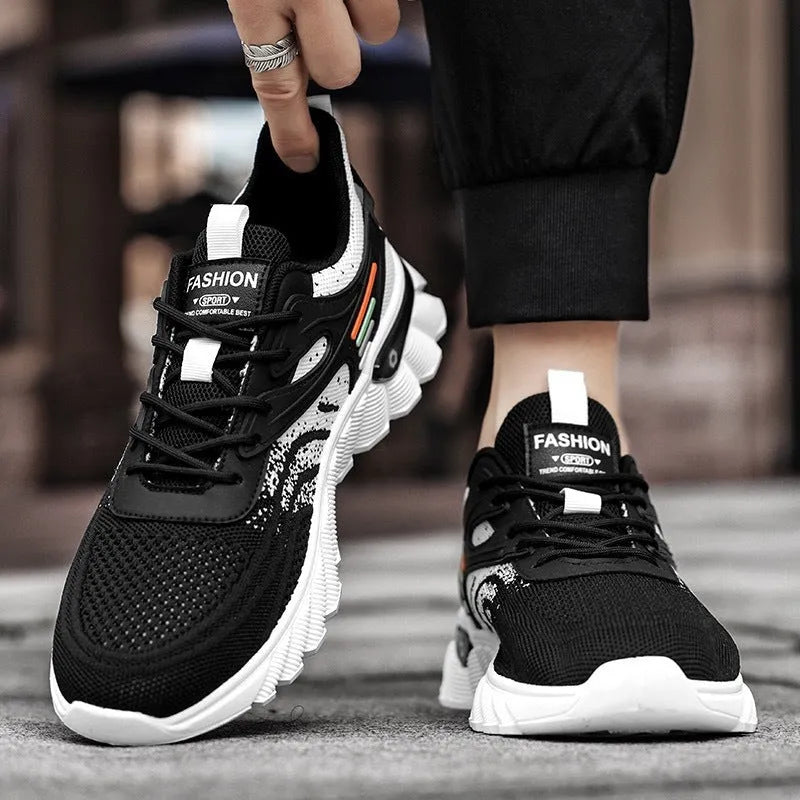 Men's white blue and black platform casual running shoes with cross shoulder straps and rubber sole.