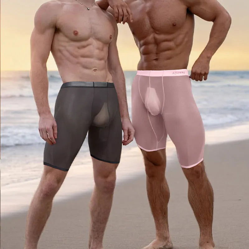 Men's black mesh shorts with seamless construction and hip lifting design