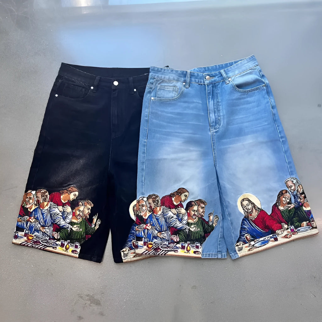 Men's blue cotton shorts with Jesus print on back pocket showing tapered leg fit