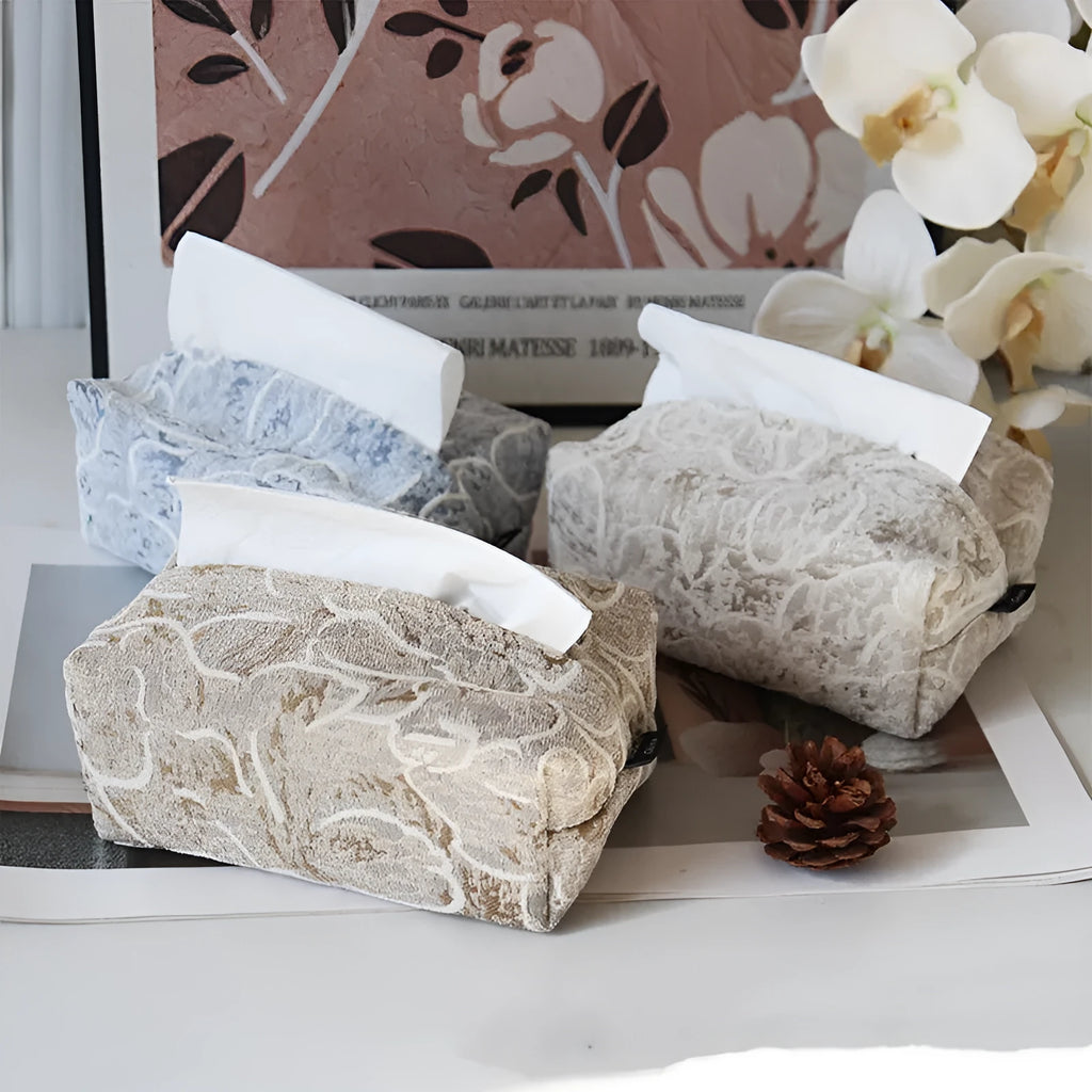 Chinese style cotton fabric tissue box cover with rose pattern in beige, blue, or brown.