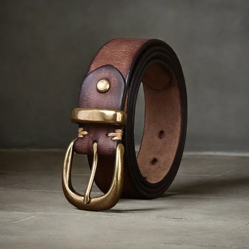 Men's casual cowhide leather belt with a copper buckle in black, brown or khaki.