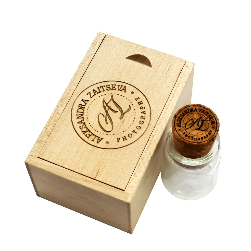 Personalised wooden drift bottle shaped USB flash drive with chocolate brown finish
