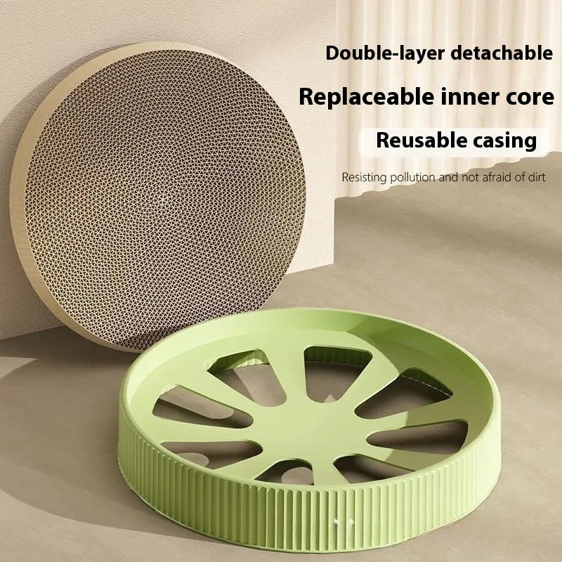 Green or white 55cm round cat scratching board with replaceable corrugated panels