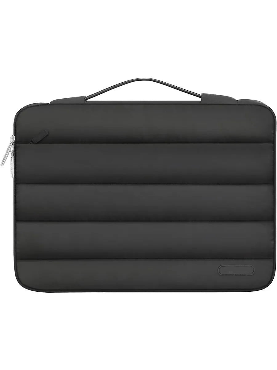 Velvet waterproof laptop bag in black showing plaid design and cotton down shrink storage compartment