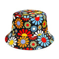 Colourful retro flower print polyester bucket hat with dome crown on white background.