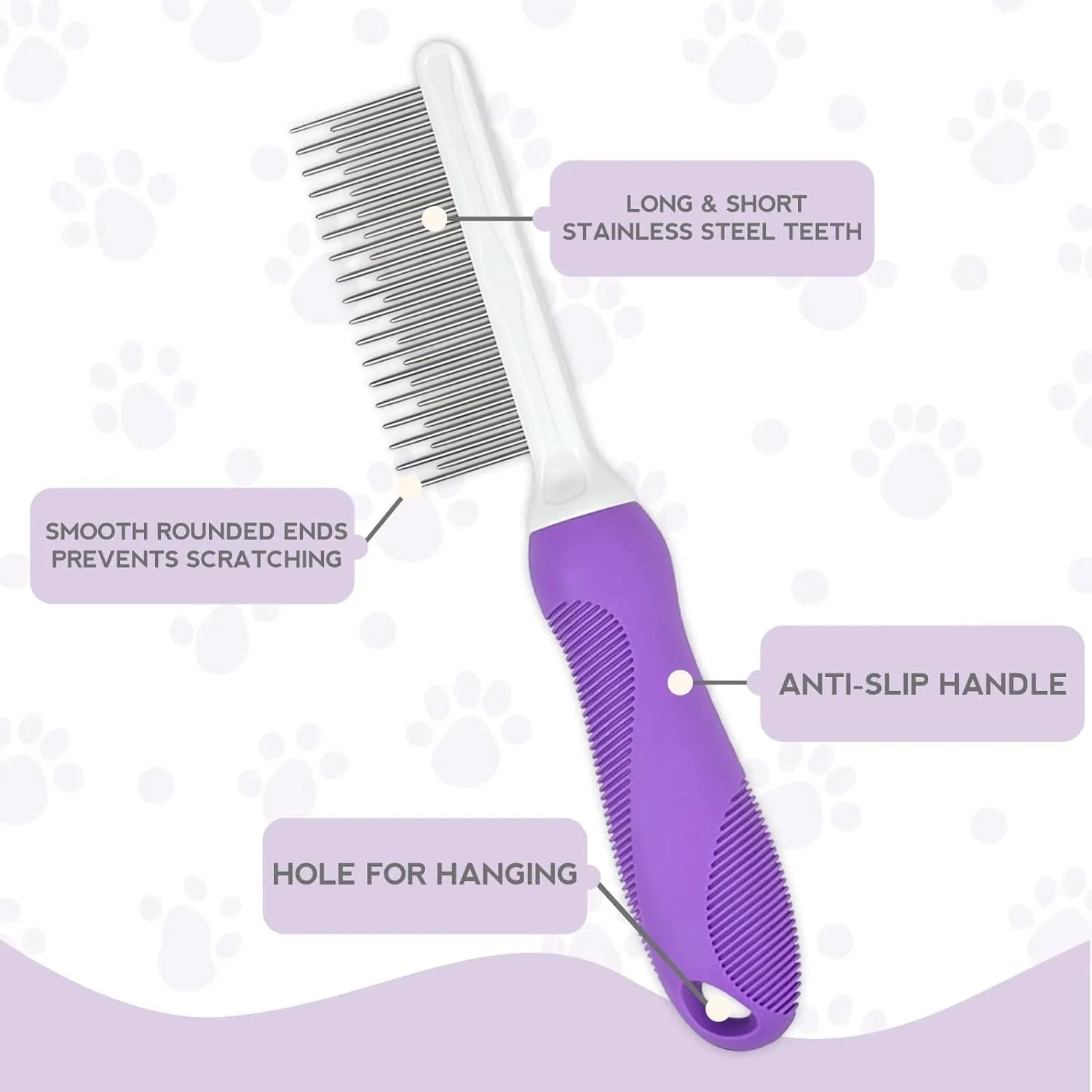 Purple pet grooming comb with stainless steel teeth and ergonomic handle for dog and cat coat detangling