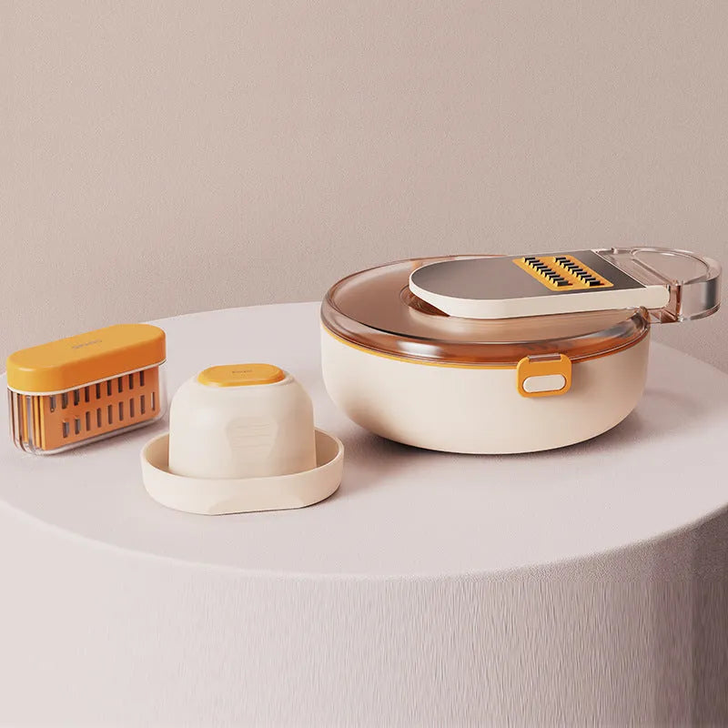 Grey and white multifunctional vegetable cutter set with stainless steel blades, eight knives, and storage accessories