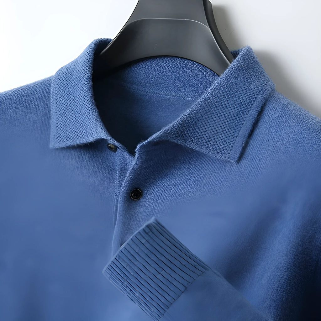 Men's grey wool polo collar sweater on a hanger, showing long sleeves and smart collar detail