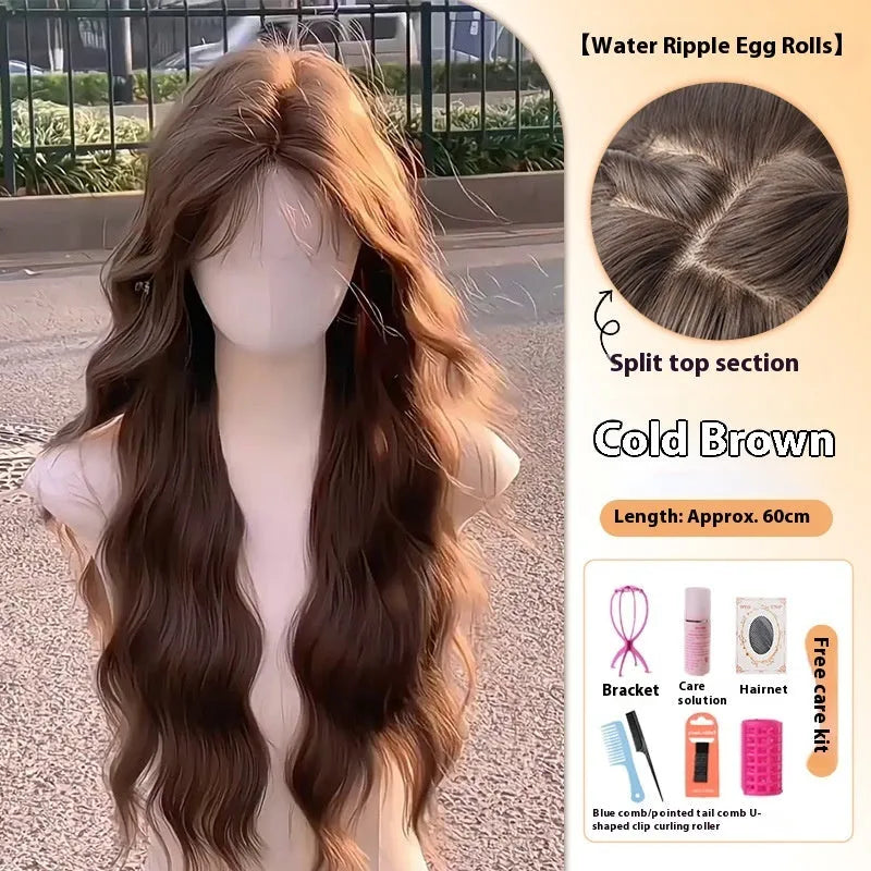 Full-head long curly synthetic wig with side bangs in cold brown colour.