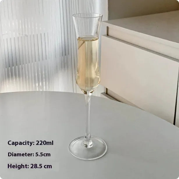 Clear crystal champagne glasses set showing seven different design styles including flute and goblet shapes