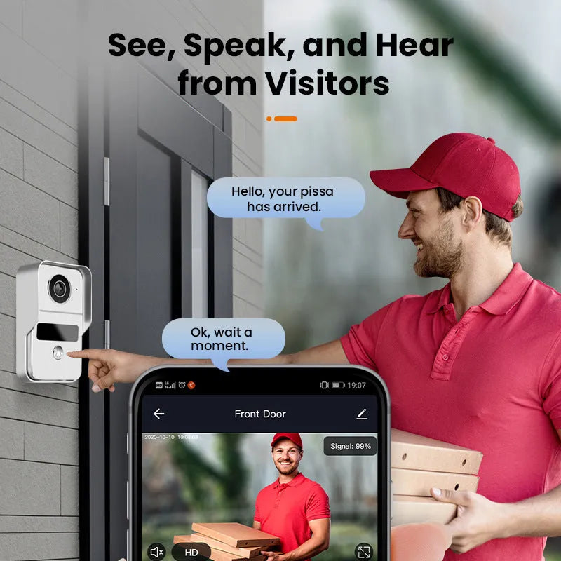 1080P video intercom doorbell system with outdoor unit and 10-inch indoor display monitor.