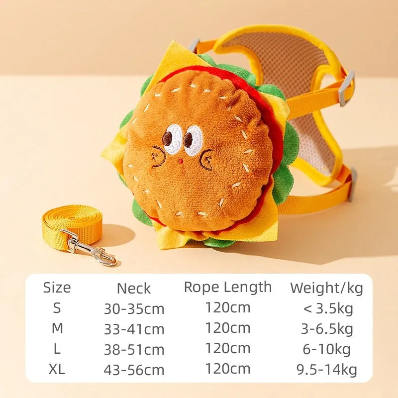 Burgundy red and blue cartoon hamburger chips design pet walking vest with leash and backpack