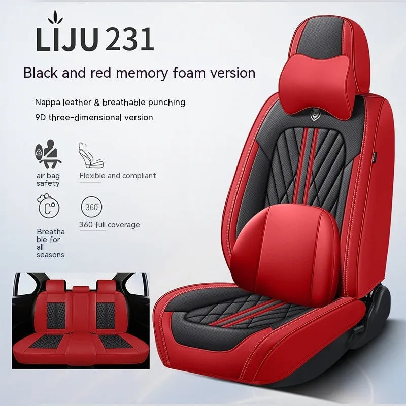 Five-piece leather car seat cushion set in various colour options with hemmed edge detailing