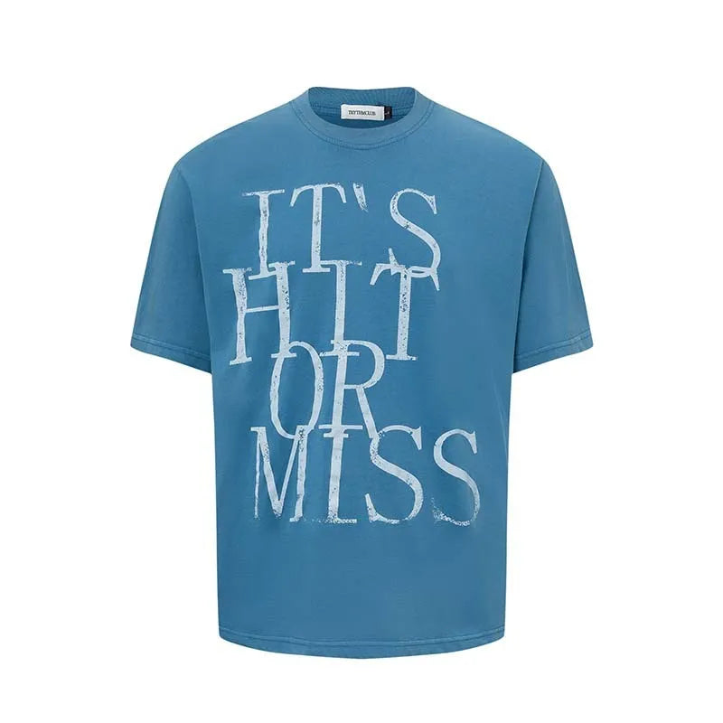 Men's white American retro t-shirt with blue letter print design, loose fit round neck